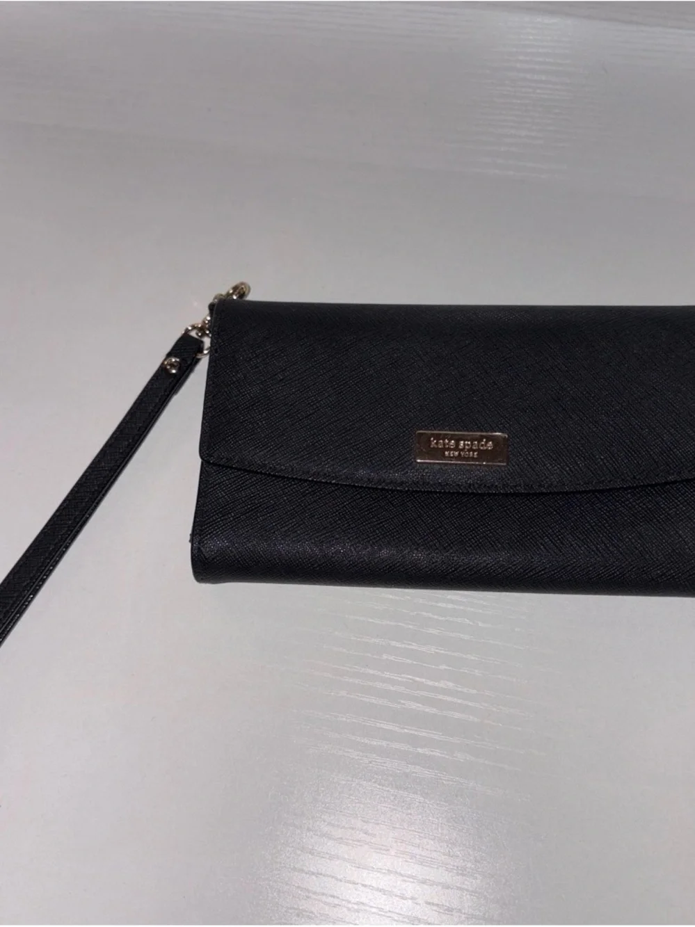 kate spade Black Saffiano Wristlet Clutch with Gold Plate